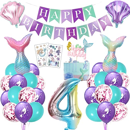 Meerjungfrau Geburtstag Deko 4 Jahre, Kindergeburtstag Luftballon Mädchen, Meerjungfrauen Thema Party Set mit Folienballon, Happy Birthday Girlande, Cake Topper und Tattoos von KKSJK