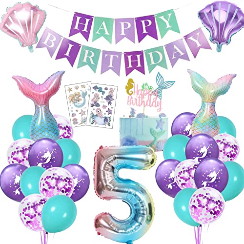 Meerjungfrau Geburtstag Deko 5 Jahre, Kindergeburtstag Luftballon Mädchen, Meerjungfrauen Thema Party Set mit Folienballon, Happy Birthday Girlande, Cake Topper und Tattoos von KKSJK