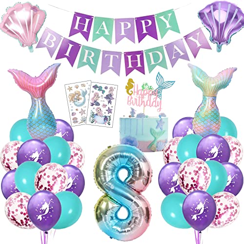 Meerjungfrau Geburtstag Deko 8 Jahre, Kindergeburtstag Luftballon Mädchen, Meerjungfrauen Thema Party Set mit Folienballon, Happy Birthday Girlande, Cake Topper und Tattoos von KKSJK
