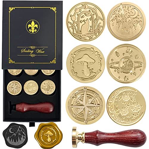 Siegelstempel Set 6 Wachssiegel Stempel Messing Köpfe und 1 Holzgriff, Wachs Siegel Stempelset für Umschlag Einladung Brief Geschenkverpackung Dekoration (Welt-Serie) von KKSUBCA