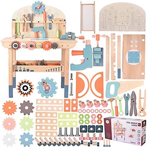 KKTECT Kinderwerkbank aus Holz Geschenke, 60x30x80CM Spielwerkzeuge Werkzeugbank aus Holz Multifunktions Simulationswartung Werkzeugtabelle zur Demontage von Schrauben und Muttern für 3+ Jahre alt von KKTECT