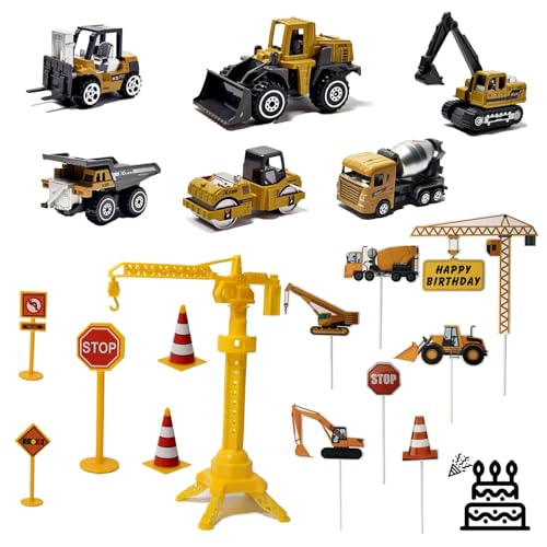 Baustellen Fahrzeuge，spielzeugauto tortendeko ,Baufahrzeuge Spielzeug Auto Geschenke für Geburtstag Junge,enthalten Bagger, Straßenroller, Dumper, Mischer, Bulldozer,Gabelstapler,Straßensperren,Kran von KLETTEREI
