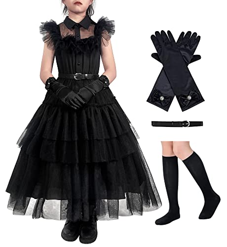 KLFFLGID Merlina-Kleid für Mädchen, Halloween-Kostüm mit Handschuhen, Gürtel und Socken, schwarzes Kleid von Addams, Familien-Cosplay-Kostüm, 120 KLFFLGID Merlina-Kleid für Mädchen, Halloween-Kostüm mit Handschuhen, Gürtel und Socken, schwarzes Kleid von Addams, Familien-Cosplay-Kostüm, 120 von KLFFLGID