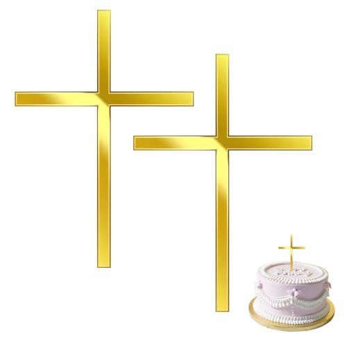 KLINNA 2 Stück Kreuz Tortendeko in Gold Acryl für Taufe & Kommunion – Elegantes Spiegel Kuchen Dekoration Set für Firmung, Hochzeit und Geburtstag Party, passend für Mädchen & Junge (Fein) von KLINNA