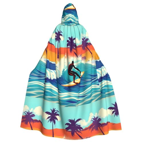 KLJnmbb Hawaiianischer Surfer auf gewelltem Druck, Halloween-Kapuzenumhang mit lebendiger voller Länge, für Erwachsene, Unisex, Cosplay-Kostüm von KLJnmbb
