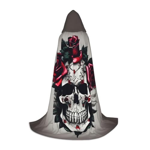 KLJnmbb Kapuzenumhang mit roter Rose und Totenkopf-Druck, für Erwachsene, Teenager, Kinder, verschiedene Zauberer-Umhang, RobeHalloween, Karneval, Cosplay von KLJnmbb