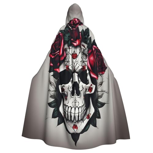 KLJnmbb Roter Rosen-Totenkopf-Aufdruck, Halloween-Kapuzenumhang mit lebendiger voller Länge, für Erwachsene, Unisex, Cosplay-Kostüm von KLJnmbb