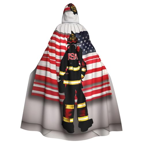 KLJnmbb Roter gestreifter Feuerwehrmann-Umhang mit USA-Flagge, Halloween-Kapuzenumhang mit lebendiger voller Länge, Erwachsene, Unisex, Cosplay-Kostüm von KLJnmbb