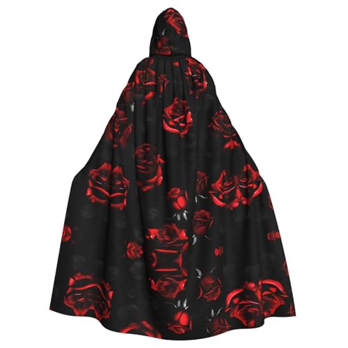 KLJnmbb Roter und schwarzer Rosen-Aufdruck, Halloween-Kapuzenumhang mit lebendiger voller Länge, für Erwachsene, Unisex, Cosplay-Kostüm von KLJnmbb