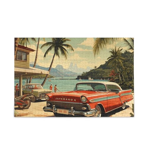 American Vintage Poster Auto Strand Surf Sand Surfbrett Holzpuzzle für Erwachsene, 1000 Teile Geschenk für Erwachsene und Kinder Puzzle für Familienspiel Spielen 74,9 x 50 cm von KLL