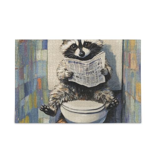 Beauty Raccoon Retro Toilette Lesen Zeitungspuzzle Holzpuzzles Schwierige Gehirnspiele für Alter 1000 Teile von KLL