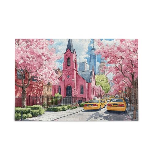 Blossoming Pink Church Urban Jigsaw Wooden Jigsaw Puzzles Funny Brain Games for Aged 1000 Pieces von KLL