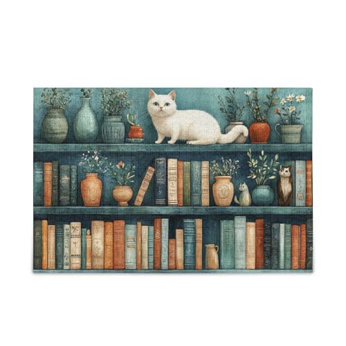 Cozy Book Shelf Feline Haven Illustration Jigsaw Puzzle Wooden Puzzles for Aged 1000 Pieces von KLL