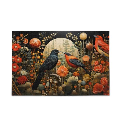 KLL Elster Ölgemälde Vogel Orange Dschungel Holzpuzzle für Erwachsene, 1000 Teile, Geschenk für Erwachsene und Kinder, Puzzle für Familienspiel, 74,9 x 50 cm von KLL