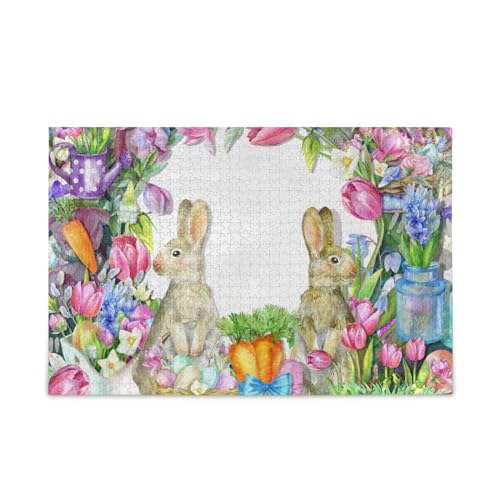 KLL Frühlingsblumen-Rahmen, Frohe Osterhasen, Holzpuzzle für Erwachsene, 1000 Teile, Geschenk für Erwachsene und Kinder, Puzzle für Familienspiel, 74,9 x 50 cm von KLL