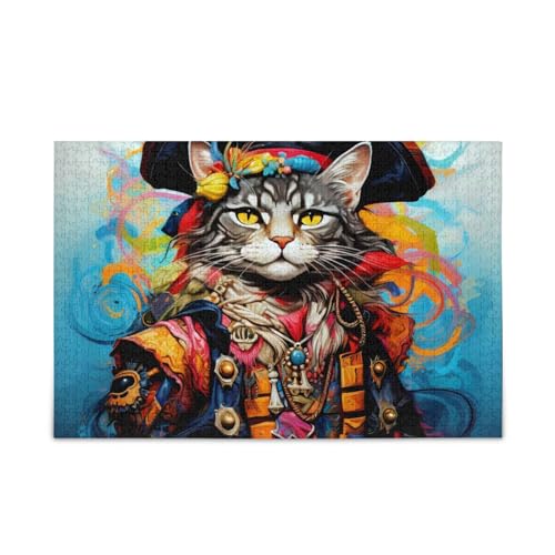KLL Katzen-Piraten-Ölgemälde-Stil, blaues Holzpuzzle für Erwachsene, 1000 Teile, Geschenk für Erwachsene und Kinder, Puzzle für Familienspiel von KLL