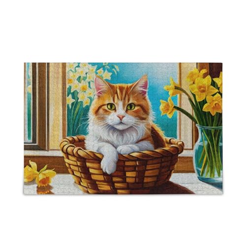 KLL Ölgemälde Niedliche Katze mit Narzissen-Holzpuzzle für Erwachsene, 1000 Teile, Geschenk für Erwachsene und Kinder, Puzzle für Familienspiel, 74,9 x 50 cm von KLL