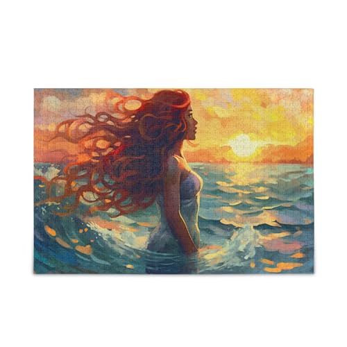 KLL Schöne Meerjungfrau mit langen roten Haaren, orange-blau, Holzpuzzle für Erwachsene, 1000 Teile, Geschenk für Erwachsene und Kinder, Puzzle für Familienspiel, 74,9 x 50 cm von KLL
