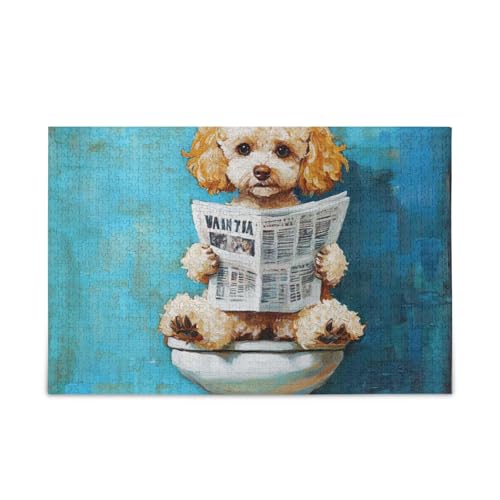 Niedliche Pudelhunde Retro Toilette Lesen Zeitung Puzzle Holzpuzzles Schwierige Gehirnspiele für Erwachsene 1000 Teile von KLL