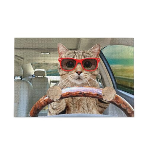Portrait-Katzen-Sonnenbrille, Autofahren, Holzpuzzle für Erwachsene, 1000 Teile, Geschenk für Erwachsene und Kinder, Puzzle für Familienspiel, 74,9 x 50 cm von KLL