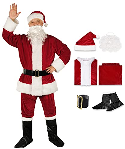 Weihnachten Santa Claus Anzug Erwachsene Herren Santa Kostüm Xmas Klassische Flanell Cosplay Kleidung Santa Fancy Anzüge Outfit (Deep Red) von KLLOUZE