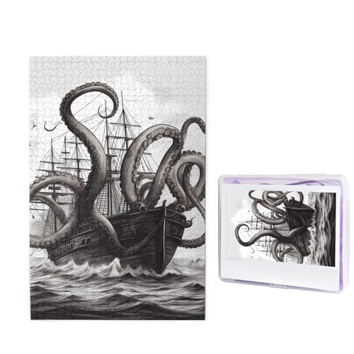 1000-teiliges Puzzle für Erwachsene, herausforderndes Holzpuzzle, schwarz-weiß, Tintenfisch und Schiff, Fotopuzzle, individuelles Bilderpuzzle für Erwachsene und Kinder, Familienspielabende, 50 x 49,5 von KLOPH