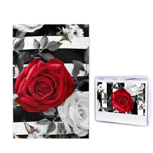 1000-teiliges Puzzle für Erwachsene, herausforderndes Holzpuzzle mit Streifen, rote Rose, Fotopuzzle, individuelles Bilderpuzzle für Erwachsene und Kinder, Familienspielabende, 50 x 49,5 cm Puzzle von KLOPH
