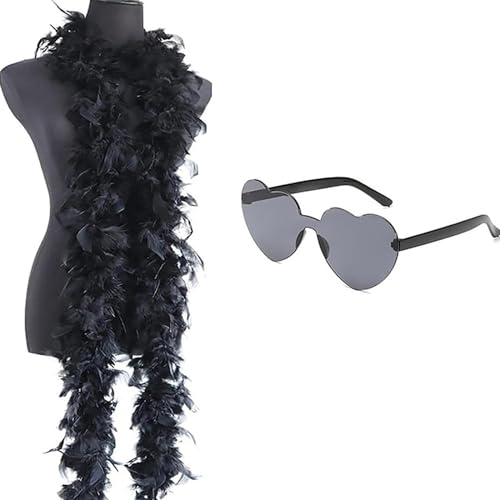 KLOVA FeatherBoa Sonnenbrillen-Set für Damen, Herzform, Western-Stil, Flapper-Anzug, Cosplay, Party, Kostüm, Mode, Rollenspiel-Requisiten, 2 Stück von KLOVA