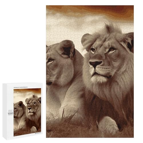 Holzpuzzle mit afrikanischen Löwen und Löwen, personalisiertes Bild, Puzzle, 1000 Stück, für Erwachsene, Familie, Hochzeit, Abschlussfeier von KLWQR