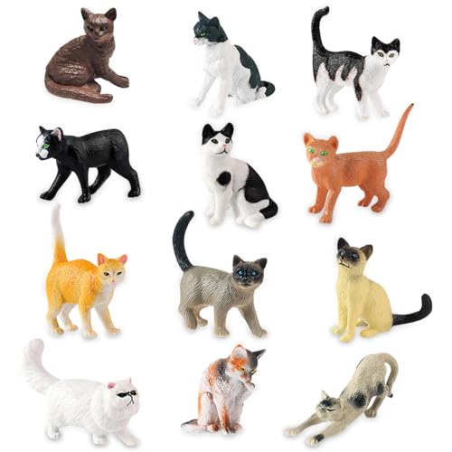 KLYKLL 12 Stück Realistische Mini Katzen Miniatur Figuren Deko Hartplastik Katzenfiguren Spielfiguren Niedliche Katze Spielzeug Kinder für Kuchen Topper Garten Geburtstags von KLYKLL