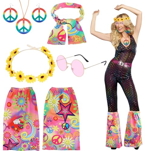 KMFYMPT 70er Jahre Kostüm Damen, 6 Stück Hippie-Zubehör, 70er-Jahre Zubehör für Frauen, Hippie-Kostüm für Frauen, Brille, Stirnband, Friedenszeichen, Halskette, Ohrringe für Partyzubehör KMFYMPT 70er Jahre Kostüm Damen, 6 Stück Hippie-Zubehör, 70er-Jahre Zubehör für Frauen, Hippie-Kostüm für Frauen, Brille, Stirnband, Friedenszeichen, Halskette, Ohrringe für Partyzubehör von KMFYMPT