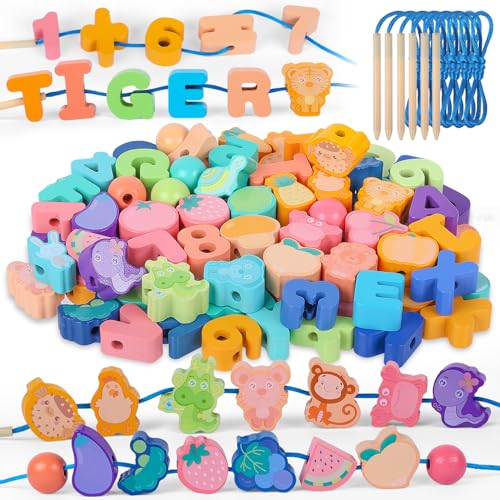 KMFYMPT 96 Stück Montessori Holzspielzeug, Fädelspiel Motorikspielzeug Lernspielzeug Montessori Spielzeug ab 2 3 4 5 6 Jahre für Kinder, Holzperlen Enthalten Obst Tiere Buchstaben Zahlen Runde Perlen KMFYMPT 96 Stück Montessori Holzspielzeug, Fädelspiel Motorikspielzeug Lernspielzeug Montessori Spielzeug ab 2 3 4 5 6 Jahre für Kinder, Holzperlen Enthalten Obst Tiere Buchstaben Zahlen Runde Perlen von KMFYMPT