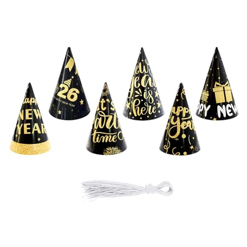 KMGDM 2026 Silvester-Party-Zubehör, Happy New Year Hüte, 6 Stück, schwarz-goldene Kegelhüte mit elastischen Bändern, für Erwachsene und Kinder KMGDM 2026 Silvester-Party-Zubehör, Happy New Year Hüte, 6 Stück, schwarz-goldene Kegelhüte mit elastischen Bändern, für Erwachsene und Kinder von KMGDM