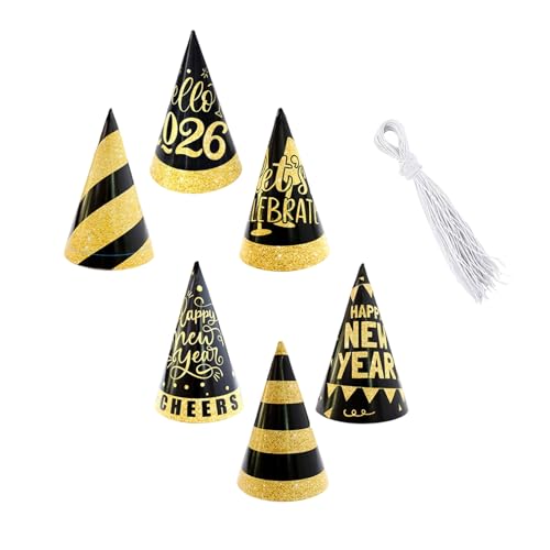 KMGDM 2026 Silvester-Party-Zubehör, Happy New Year Hüte, 6 Stück, schwarz-goldene Kegelhüte mit elastischen Bändern, für Erwachsene und Kinder KMGDM 2026 Silvester-Party-Zubehör, Happy New Year Hüte, 6 Stück, schwarz-goldene Kegelhüte mit elastischen Bändern, für Erwachsene und Kinder von KMGDM