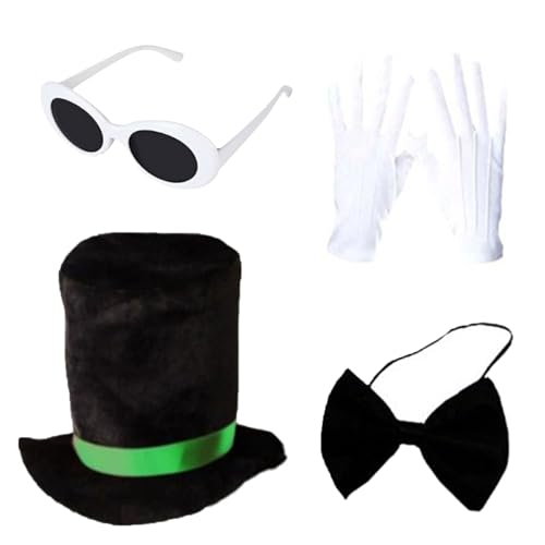 KMGDM 4 grüne Halloween-Kostüm-Accessoires, Kostüm, Zylinderhut, Krawatte, Sonnenbrille, weiße Handschuhe für Cosplay, Verkleidungsparty KMGDM 4 grüne Halloween-Kostüm-Accessoires, Kostüm, Zylinderhut, Krawatte, Sonnenbrille, weiße Handschuhe für Cosplay, Verkleidungsparty von KMGDM