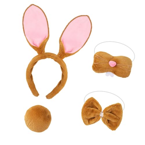 KMGDM 4-teiliges Hasenkostüm-Zubehör-Set für Kinder und Erwachsene, Hasenohren, Stirnband, Fliege, Kaninchen, Schwanz, Nase für Halloween, Ostern KMGDM 4-teiliges Hasenkostüm-Zubehör-Set für Kinder und Erwachsene, Hasenohren, Stirnband, Fliege, Kaninchen, Schwanz, Nase für Halloween, Ostern von KMGDM