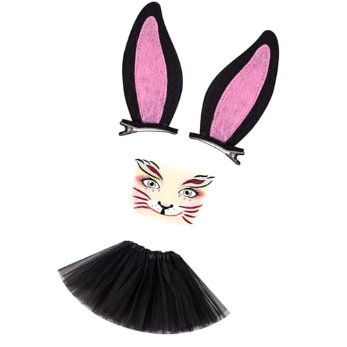 KMGDM Hasenohren-Haarspangen-Set mit Netzrock und Gesichtsaufklebern für Kinder und Erwachsene, Cosplay, Party, Kostümzubehör von KMGDM