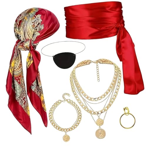 KMGDM Komplettes Piratenkostüm-Set Kopftuch Gürtel Halskette Armband für Halloween Party Cosplay von KMGDM