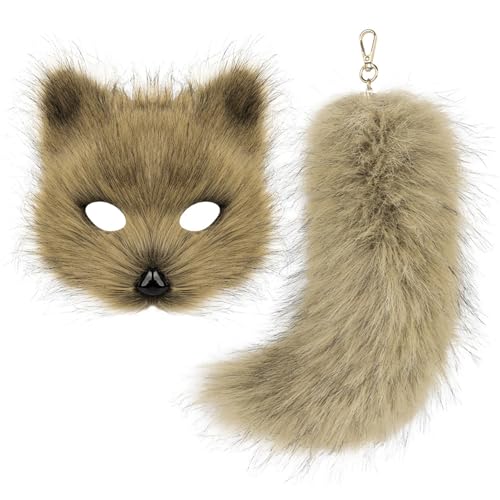 KMGDM Wolf Foxes Face Cover Kostüm mit Tierschwanz Schlüsselanhänger, Halloween Kostüm Dekoration für Kinder Erwachsene Halloween von KMGDM