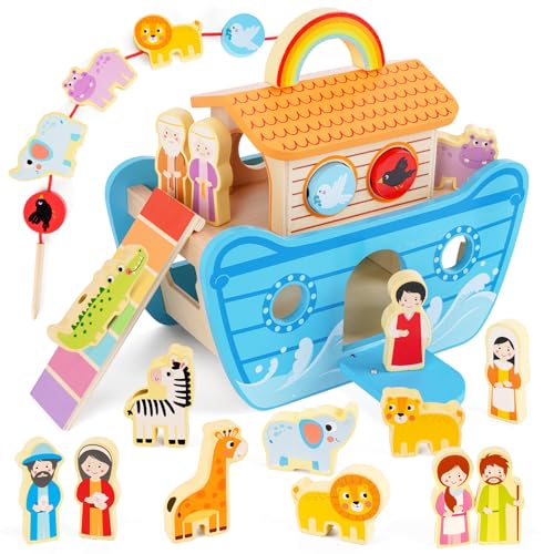 Arche Noah Holz, Taufgeschenke für Jungen Mädchen, Holzspielzeug ab 2 3 4 Jahr Kinder, Montessori Fädelspiel Spielzeug Tier Sortier Stapel, Bibel Buch Taufe Geschenk Arche Noah Holz, Taufgeschenke für Jungen Mädchen, Holzspielzeug ab 2 3 4 Jahr Kinder, Montessori Fädelspiel Spielzeug Tier Sortier Stapel, Bibel Buch Taufe Geschenk von KMTJT