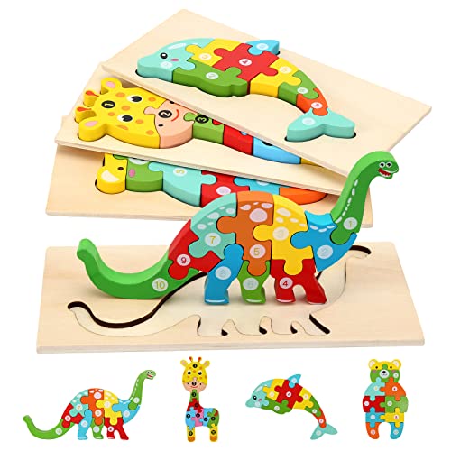 Holzpuzzle für Kleinkinder von 1-3 Jahren, Montessori-Spielzeug für Kinder ab 2 Jahren, lernendes pädagogisches Holzpuzzle-Spielzeug, Geschenk für 1 2 3 jährige Jungen und Mädchen - 4er-Pack von KMTJT