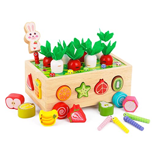 Kinder Montessori Spielzeug ab 1 2 3 Jahr | 7-in-1 Holzspielzeug 2 Jahre | Steckspiel Sortierspiel Holzpuzzle Karottenernte | Lernspielzeug Geschenk für Mädchen Jungen Kinder Kleinkind von KMTJT