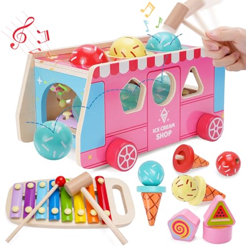 Montessori Spielzeug ab 1 2 3 Jahr | 6-in-1 Eiswagen Hammerspiel Holzspielzeug mit Xylophon Kinder 1 Jahr | Steckwürfel Motorikspielzeug Geschenk ab 1 2 3 4 Jahre altes Mädchen Jungen von KMTJT