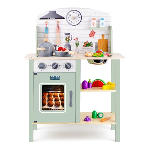 Spielküche aus Holz für Kinder, Kinder und Kinder, Küchenset, Küchenspielzeug mit realistischem Spielzeugzubehör, 24-teilig, Essensspielzeug für Kinder von 3-8 Jahren von KMTJT