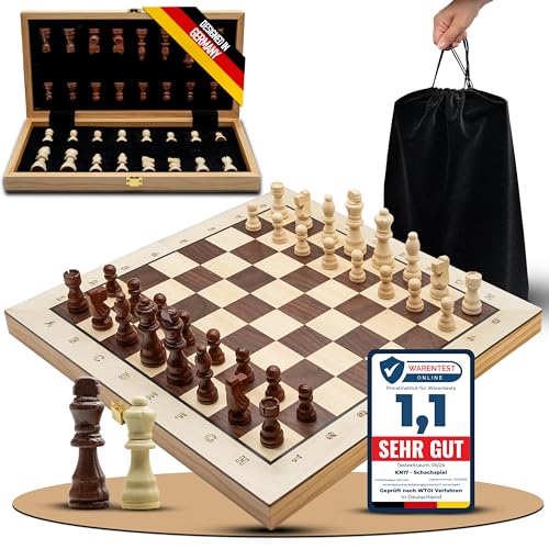 KN17 Hochwertiges Kiefernholz Schachspiel, klappbar und kompaktes Schachbrett inkl. Stoffbeutel, klare Beschriftung, magnetisch, 38 x 38 cm von KN17