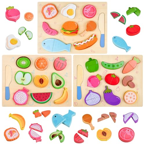 KNGNGK 29-Teiliges Kinderküche Zubehör - Holz Spielküche Mit Magnet-Verbindung, Lebensmittel, Obst, Gemüse Zum Schneiden - Küchenspielzeug Mit 3 Schneidern von KNGNGK