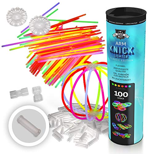 KNIXS 100er Rolle Arm-Knicklichter/Knicklichter für Armbändern mit 2D-Verbindern im 6-Farb-Mix Leuchtend für Party, Festival, Geburtstag oder als Dekoration von KNIXS