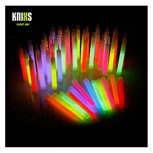 KNIXS 50er Pack Power-Knicklichter/Knicklicht (15cm) inkl. Spezialhaken und Befestigungsband im 6-Farb-Mix Leuchtend für Party, Festival, Outdoor oder als Dekoration von KNIXS