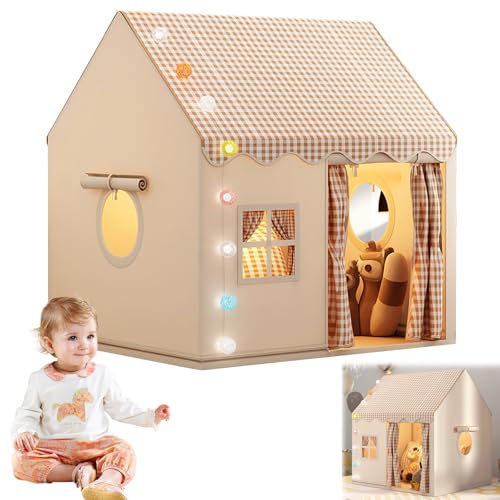 KOAVAE Kinderspielzelt Spielzelt für Kinder, LED-Lichtern, Kinderspielhaus, Prinzessin Zelt mit Fenstern, Mädchen & Jungen ab 3 Jahre, Kinderzimmer Dekor, Spielzelt für Drinnen (Khaki) von KOAVAE
