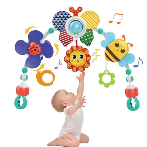 Baby Kinderwagen Bogen Spielzeug, Adjustable Autositz Spielzeug mit sensorischem Spielzeug, Aktivität Bogen Reise Montessori Spielzeug für Krippe ＆ Bassinet, 0-24 Monate Jungen und Mädchen (Biene) von KOESMG